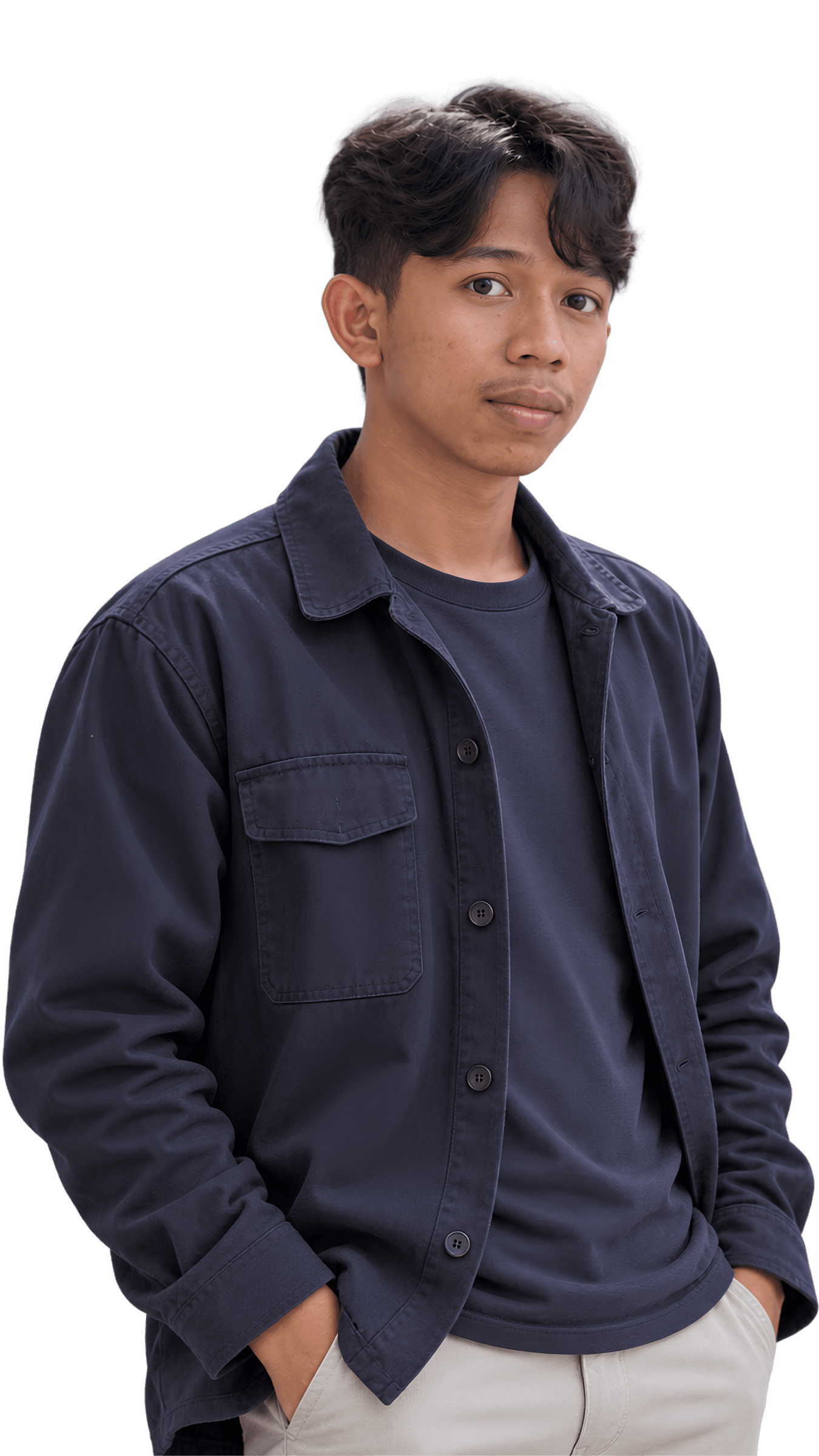 Potret ilustratif seorang kreator teknologi dengan pose tenang; bukan foto pribadi.